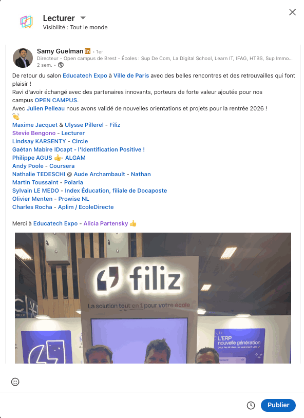 Capture d'écran du post LinkedIn de Samy Guelman, Directeur d'Open Campus, citant Lecturer parmi les partenaires innovants pour la préparation de la rentrée 2026 à Educatech.