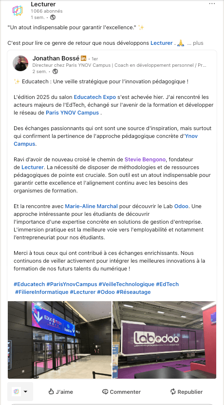 post LinkedIn de Jonathan Bossé, Directeur chez Paris Ynov Campus, recommandant la solution Lecturer lors du salon Educatech Expo 2025.