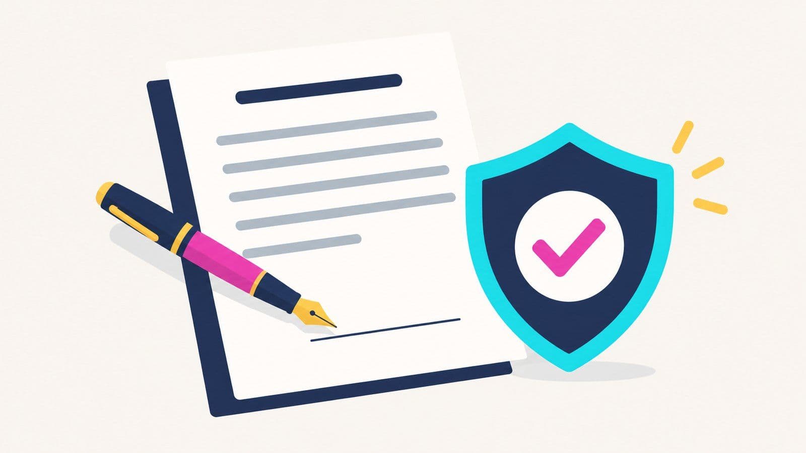 Un contrat, un stylo plume et un bouclier de validation