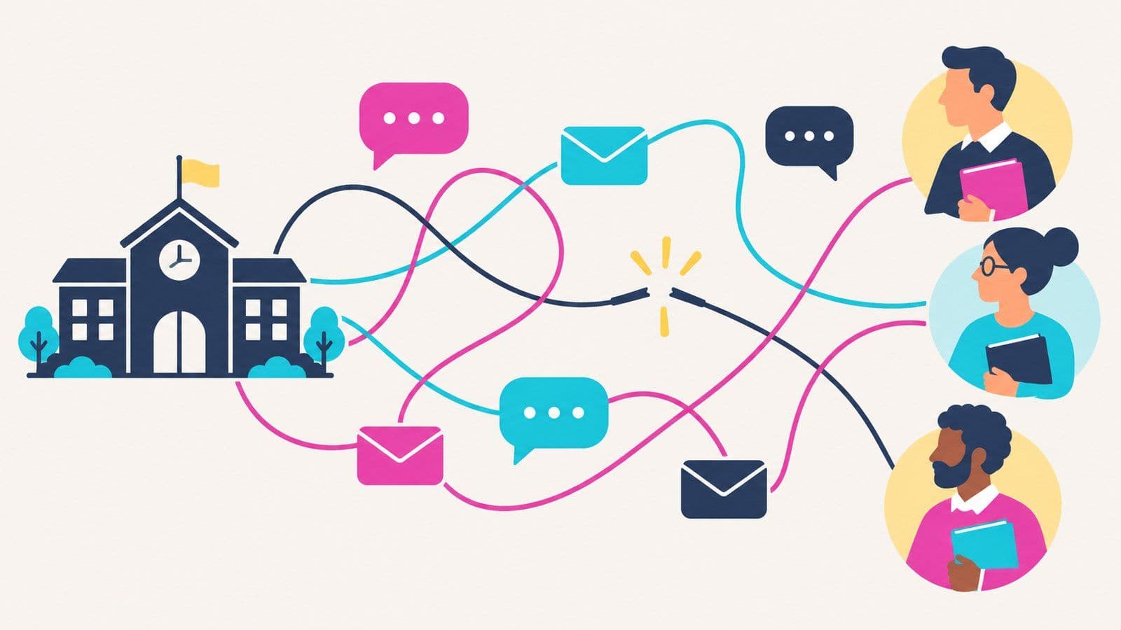 Bulles de dialogue et e-mails emmêlés entre une école et ses intervenants
